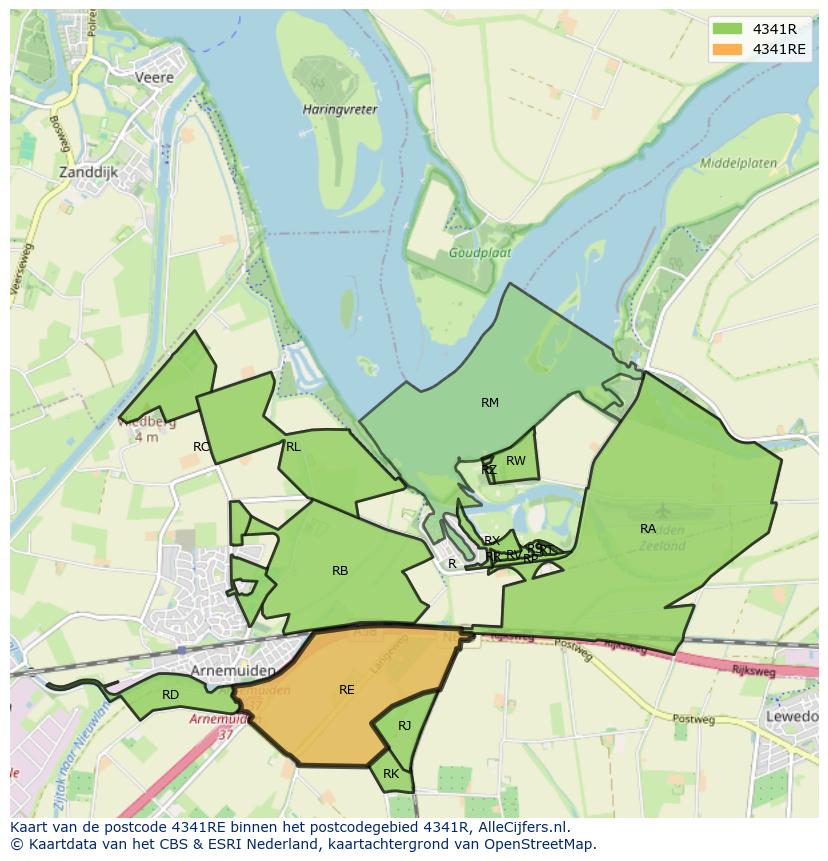 Afbeelding van het postcodegebied 4341 RE op de kaart.