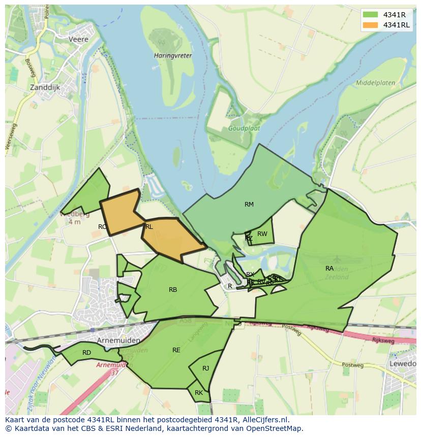 Afbeelding van het postcodegebied 4341 RL op de kaart.