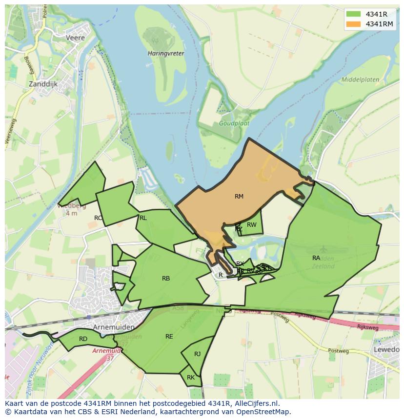 Afbeelding van het postcodegebied 4341 RM op de kaart.