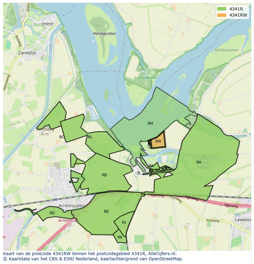 Afbeelding van het postcodegebied 4341 RW op de kaart.