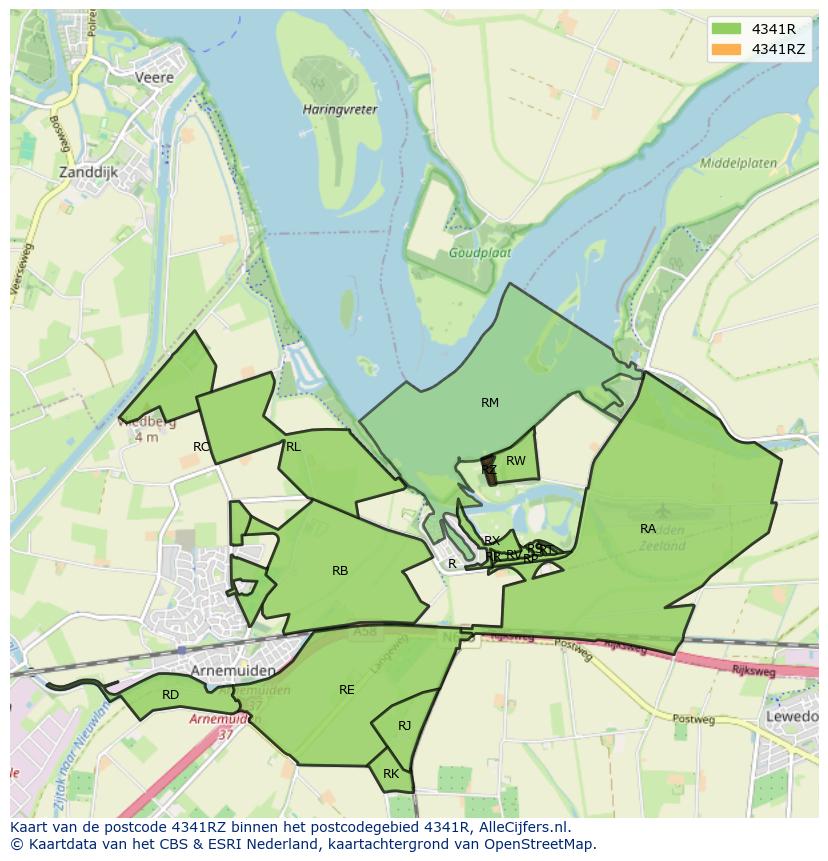 Afbeelding van het postcodegebied 4341 RZ op de kaart.