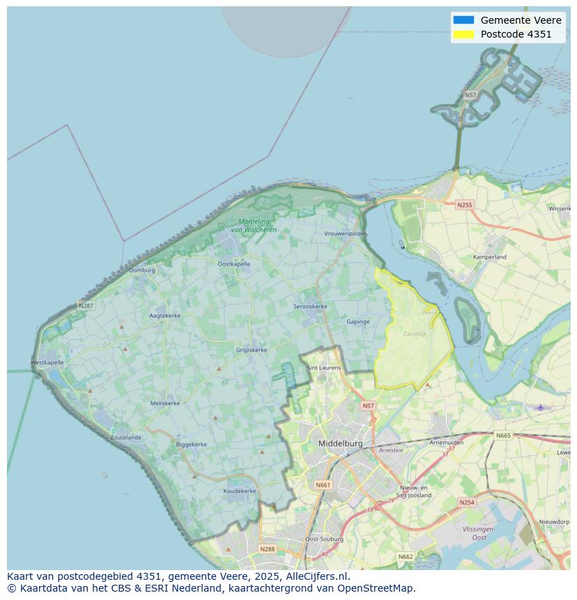 Afbeelding van het postcodegebied 4351 op de kaart.