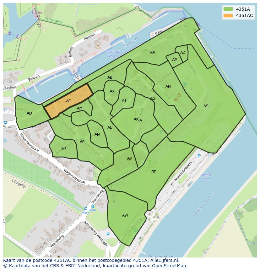 Afbeelding van het postcodegebied 4351 AC op de kaart.
