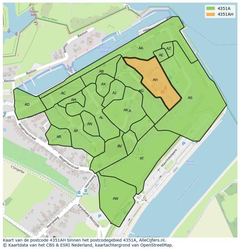 Afbeelding van het postcodegebied 4351 AH op de kaart.