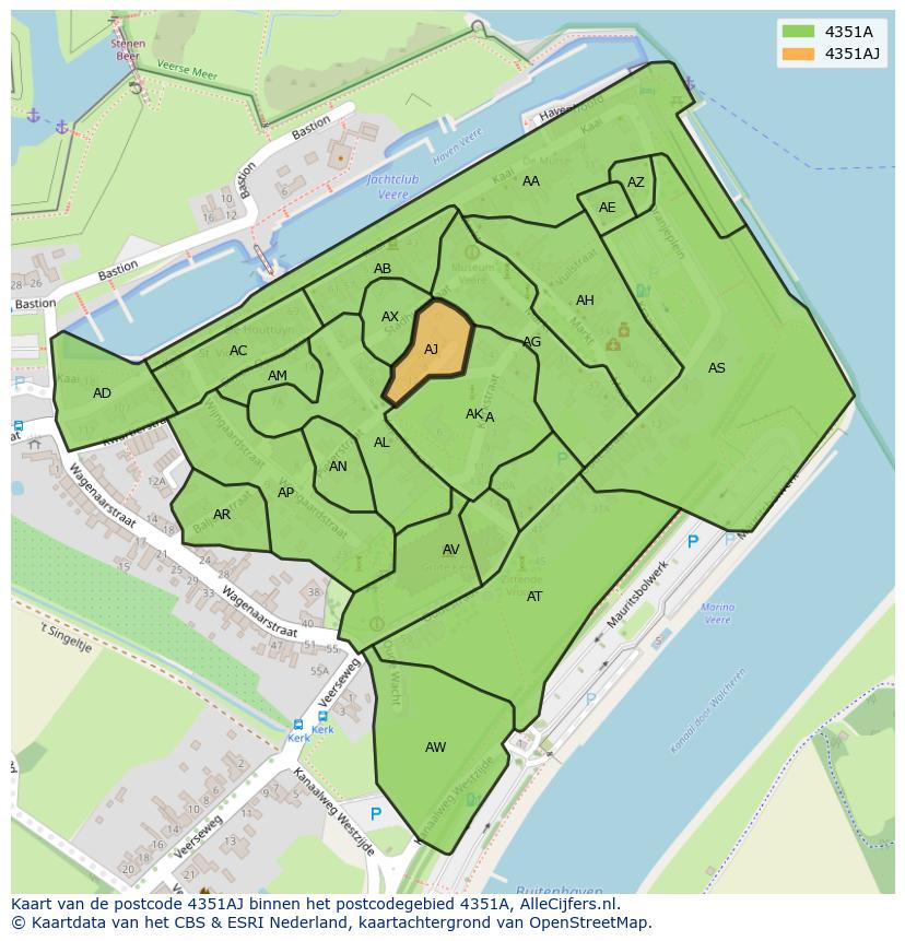 Afbeelding van het postcodegebied 4351 AJ op de kaart.