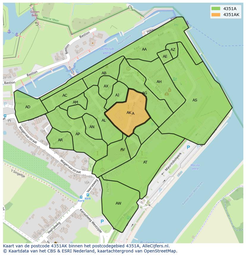 Afbeelding van het postcodegebied 4351 AK op de kaart.