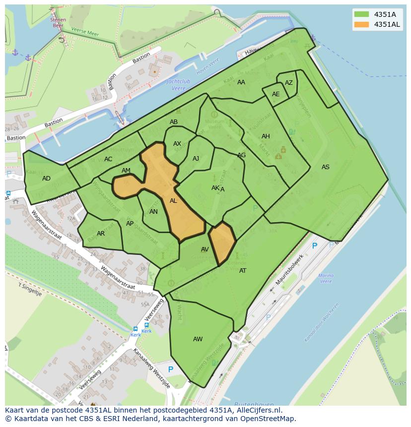 Afbeelding van het postcodegebied 4351 AL op de kaart.