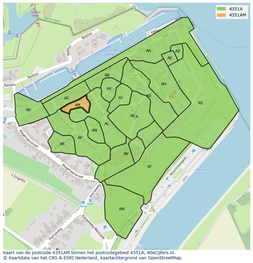 Afbeelding van het postcodegebied 4351 AM op de kaart.