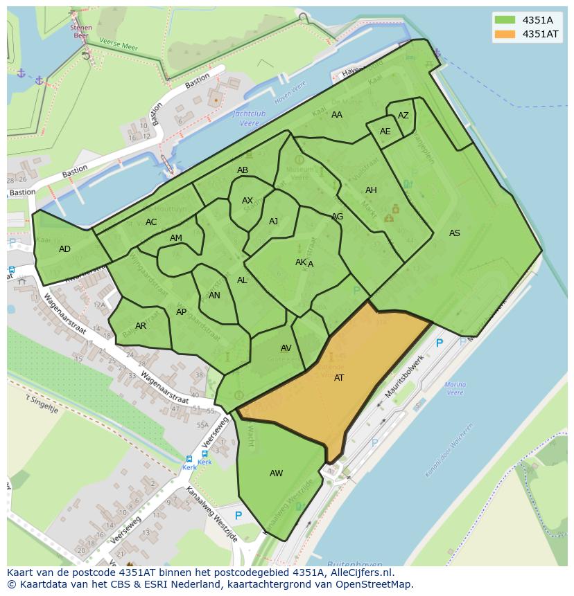 Afbeelding van het postcodegebied 4351 AT op de kaart.