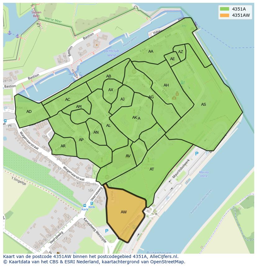 Afbeelding van het postcodegebied 4351 AW op de kaart.