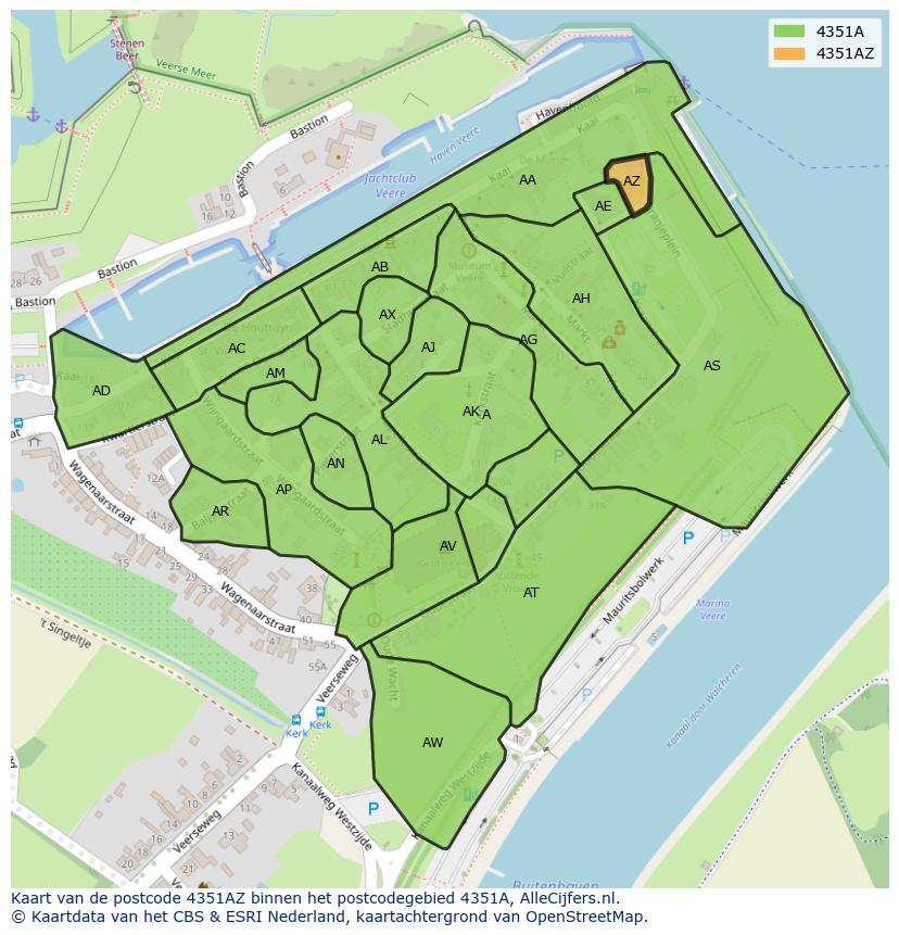 Afbeelding van het postcodegebied 4351 AZ op de kaart.