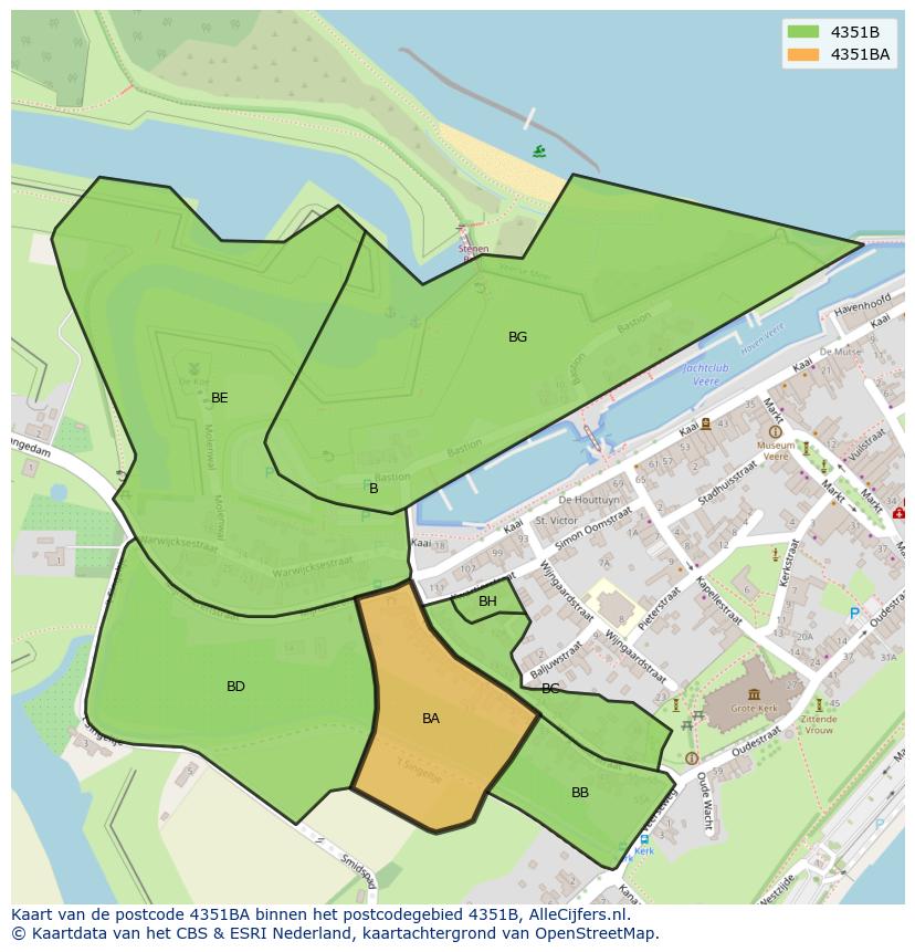 Afbeelding van het postcodegebied 4351 BA op de kaart.