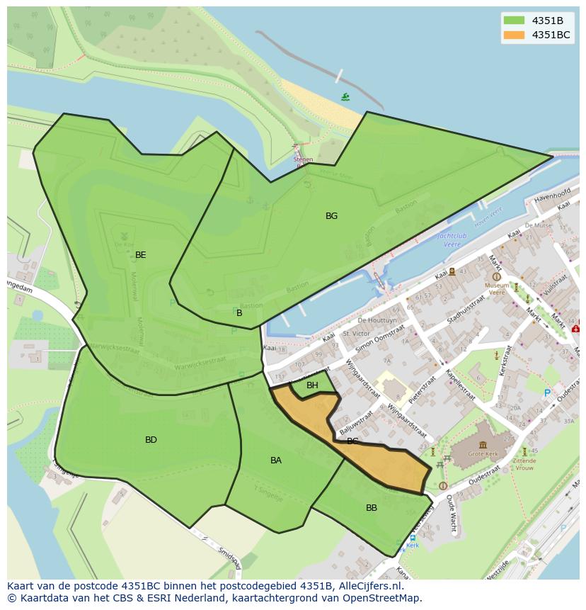 Afbeelding van het postcodegebied 4351 BC op de kaart.