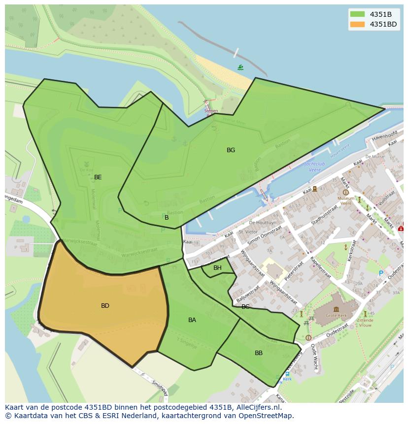 Afbeelding van het postcodegebied 4351 BD op de kaart.