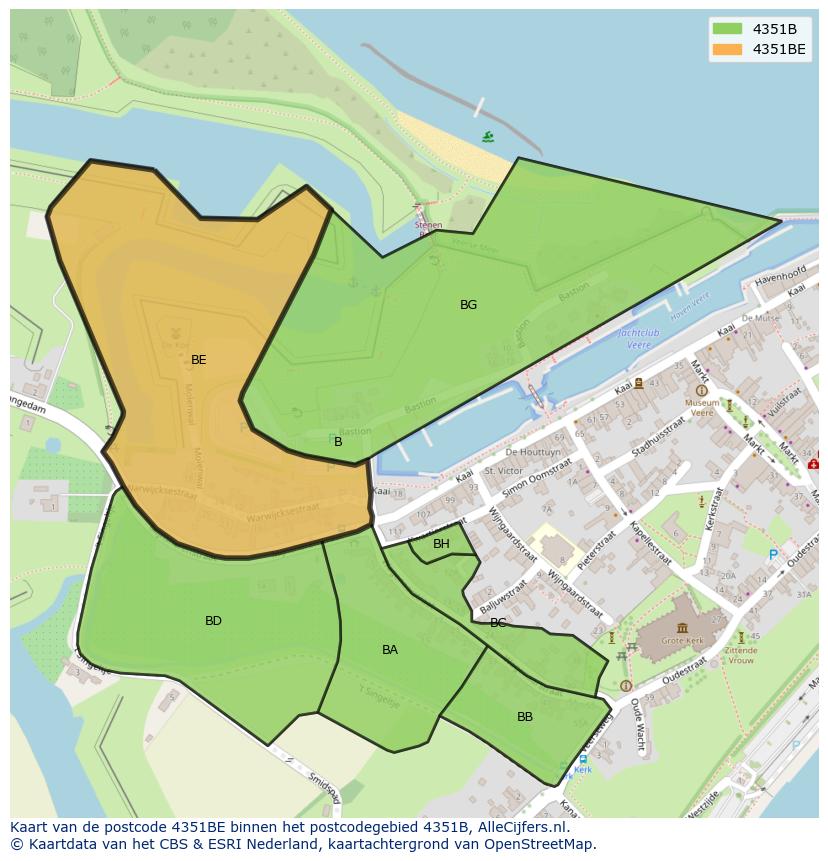Afbeelding van het postcodegebied 4351 BE op de kaart.