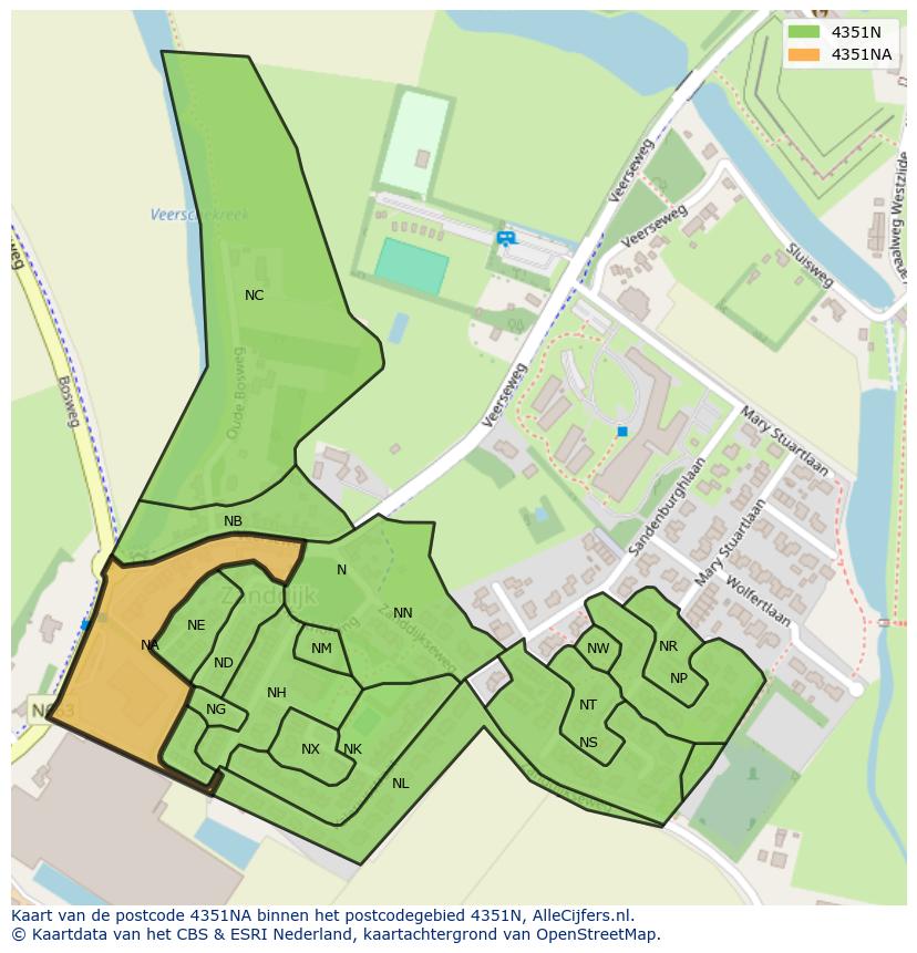 Afbeelding van het postcodegebied 4351 NA op de kaart.