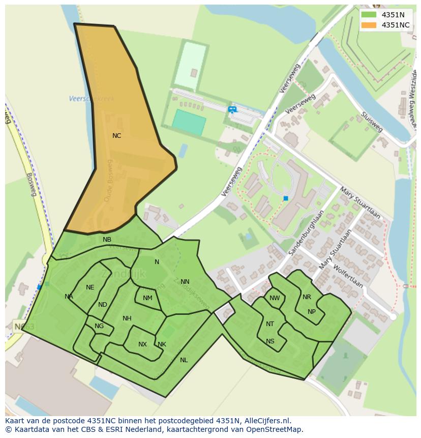 Afbeelding van het postcodegebied 4351 NC op de kaart.
