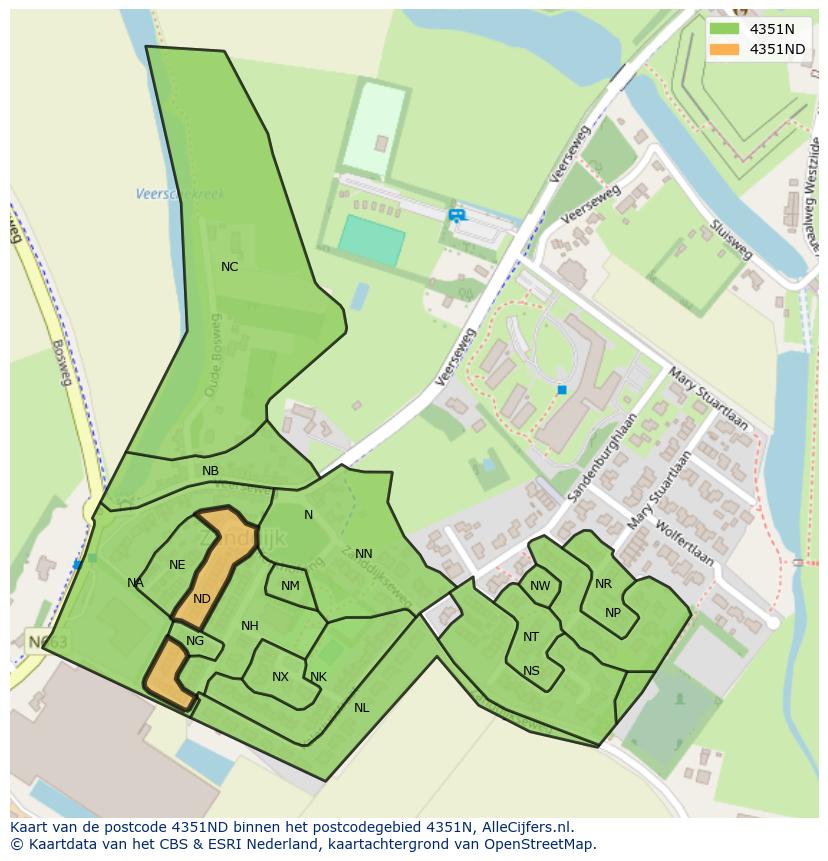 Afbeelding van het postcodegebied 4351 ND op de kaart.