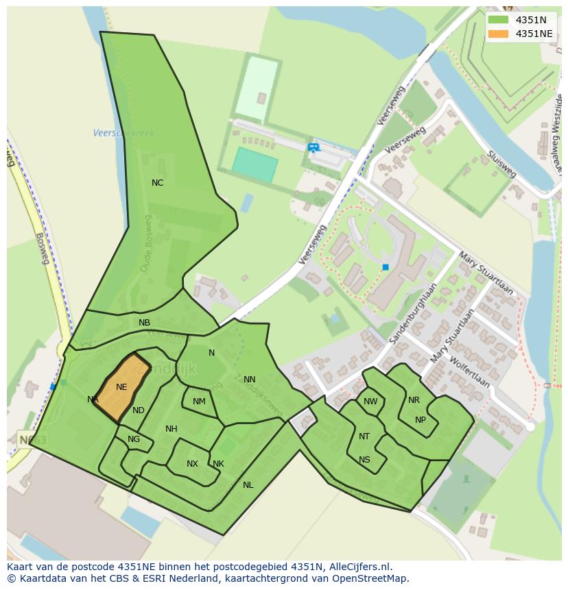 Afbeelding van het postcodegebied 4351 NE op de kaart.