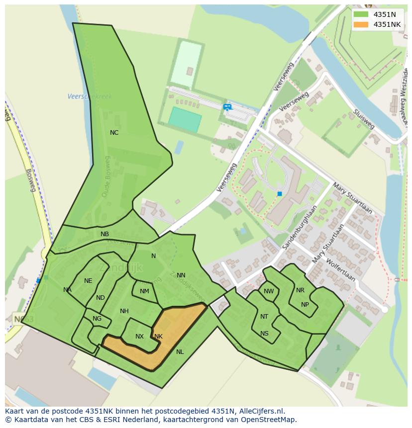 Afbeelding van het postcodegebied 4351 NK op de kaart.