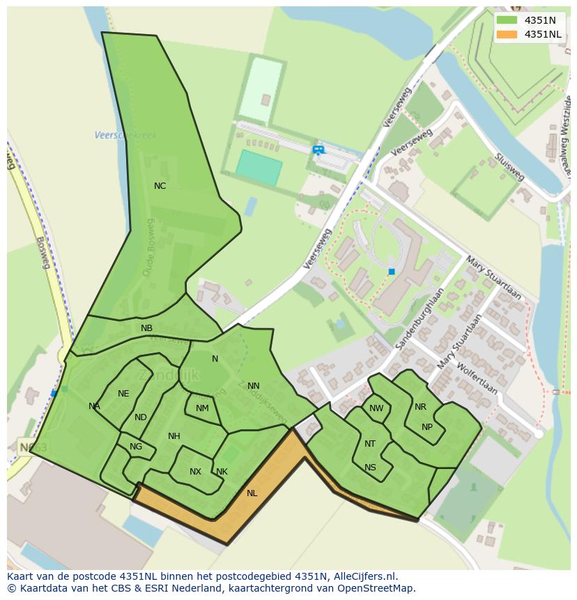 Afbeelding van het postcodegebied 4351 NL op de kaart.
