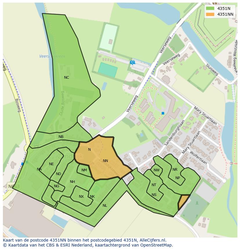 Afbeelding van het postcodegebied 4351 NN op de kaart.