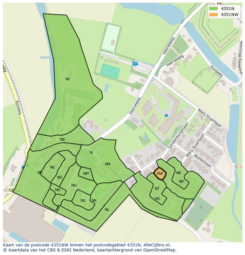 Afbeelding van het postcodegebied 4351 NW op de kaart.