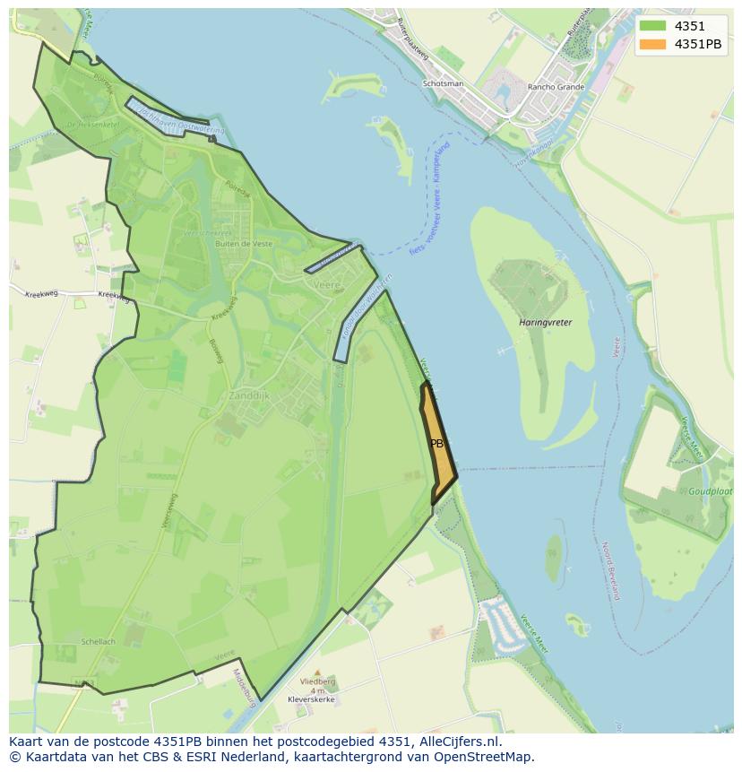 Afbeelding van het postcodegebied 4351 PB op de kaart.