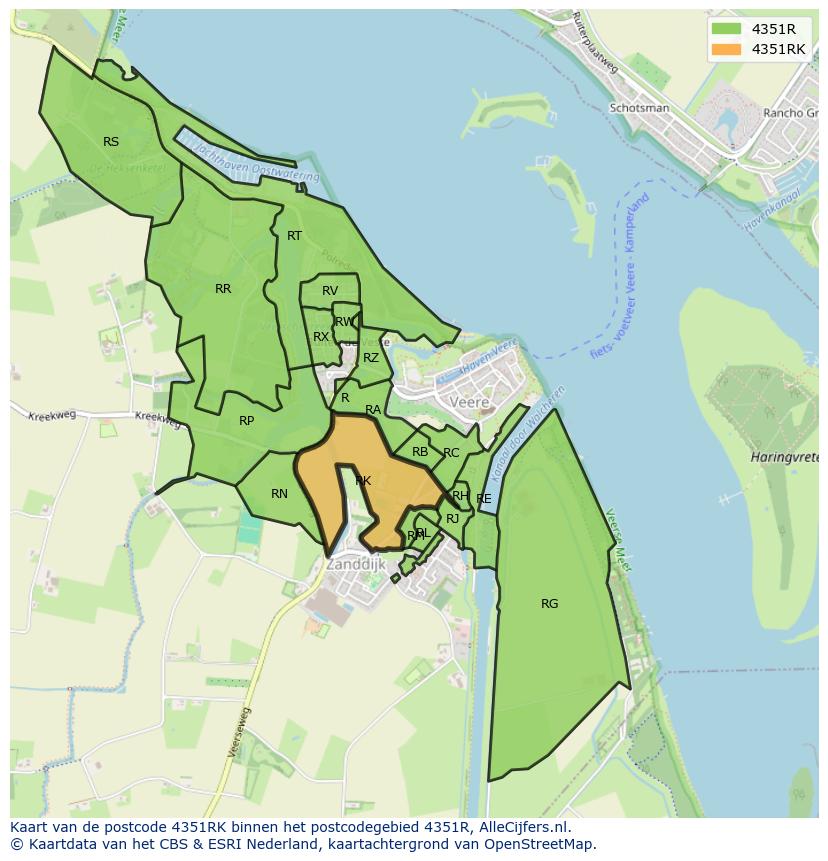Afbeelding van het postcodegebied 4351 RK op de kaart.