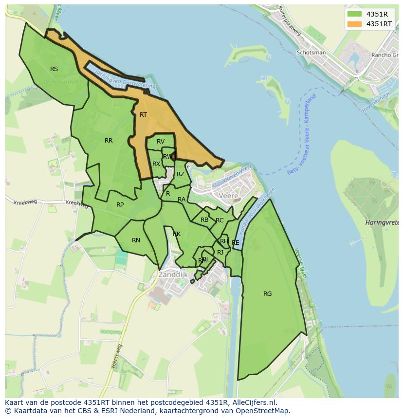 Afbeelding van het postcodegebied 4351 RT op de kaart.