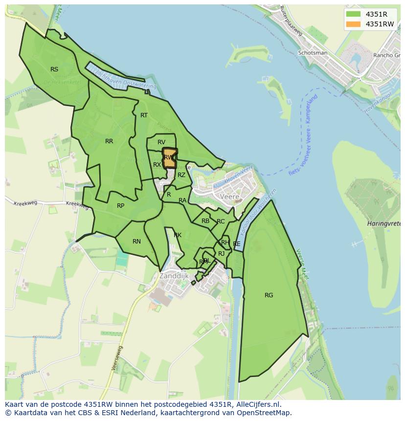Afbeelding van het postcodegebied 4351 RW op de kaart.