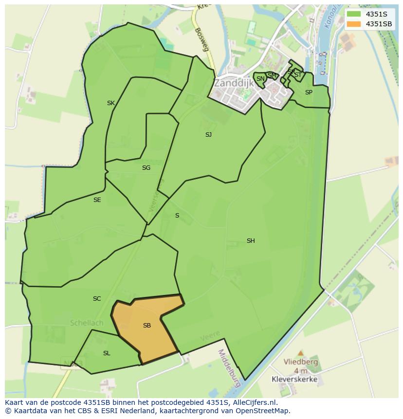 Afbeelding van het postcodegebied 4351 SB op de kaart.