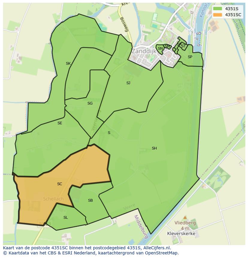 Afbeelding van het postcodegebied 4351 SC op de kaart.