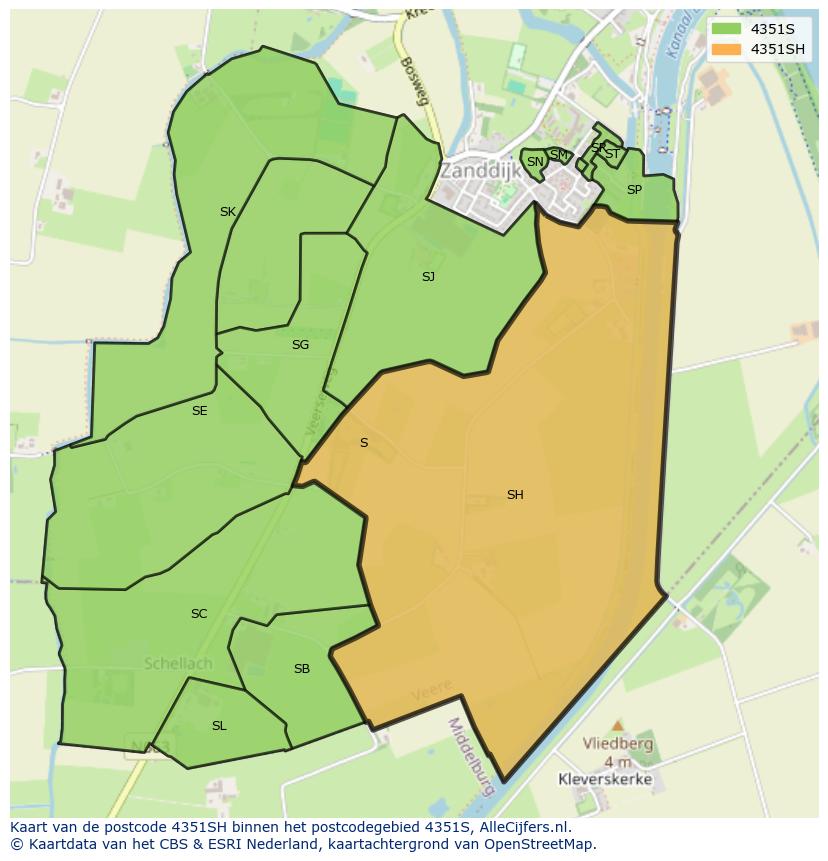 Afbeelding van het postcodegebied 4351 SH op de kaart.