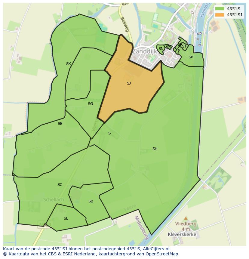 Afbeelding van het postcodegebied 4351 SJ op de kaart.