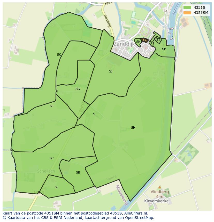 Afbeelding van het postcodegebied 4351 SM op de kaart.