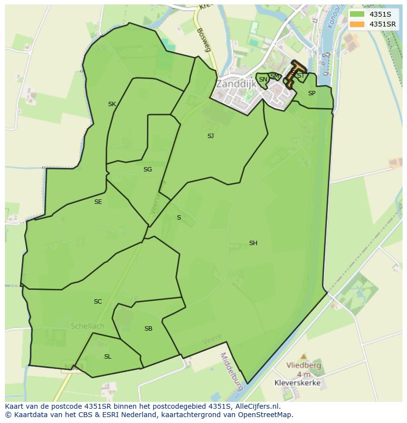 Afbeelding van het postcodegebied 4351 SR op de kaart.