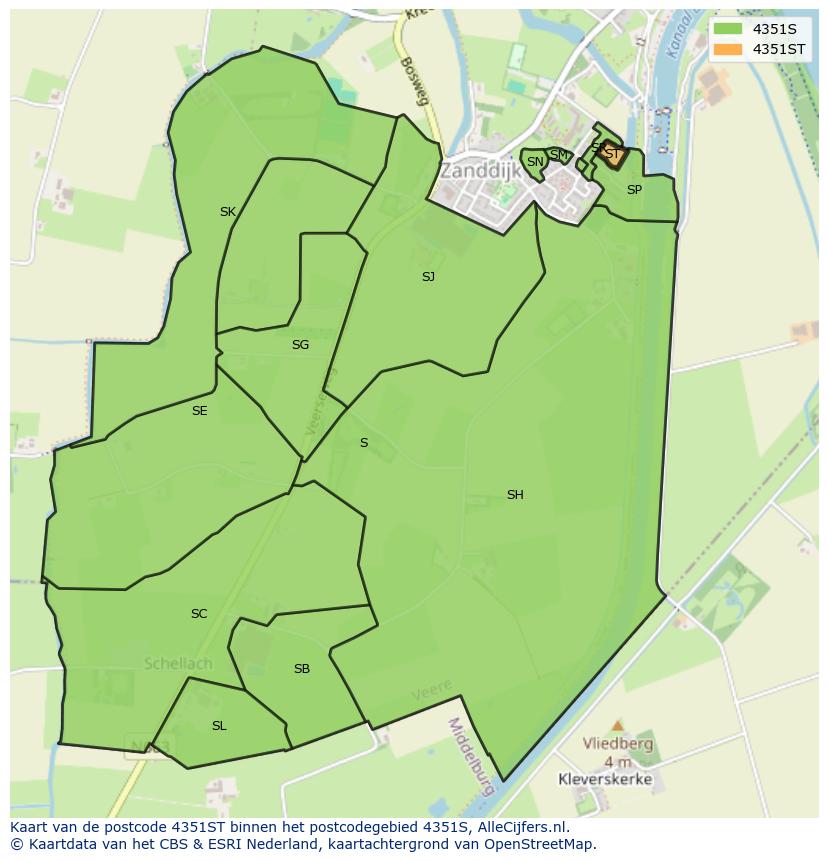 Afbeelding van het postcodegebied 4351 ST op de kaart.
