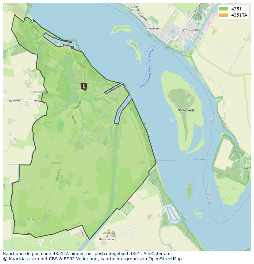 Afbeelding van het postcodegebied 4351 TA op de kaart.