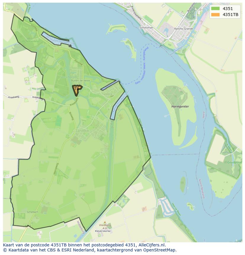 Afbeelding van het postcodegebied 4351 TB op de kaart.