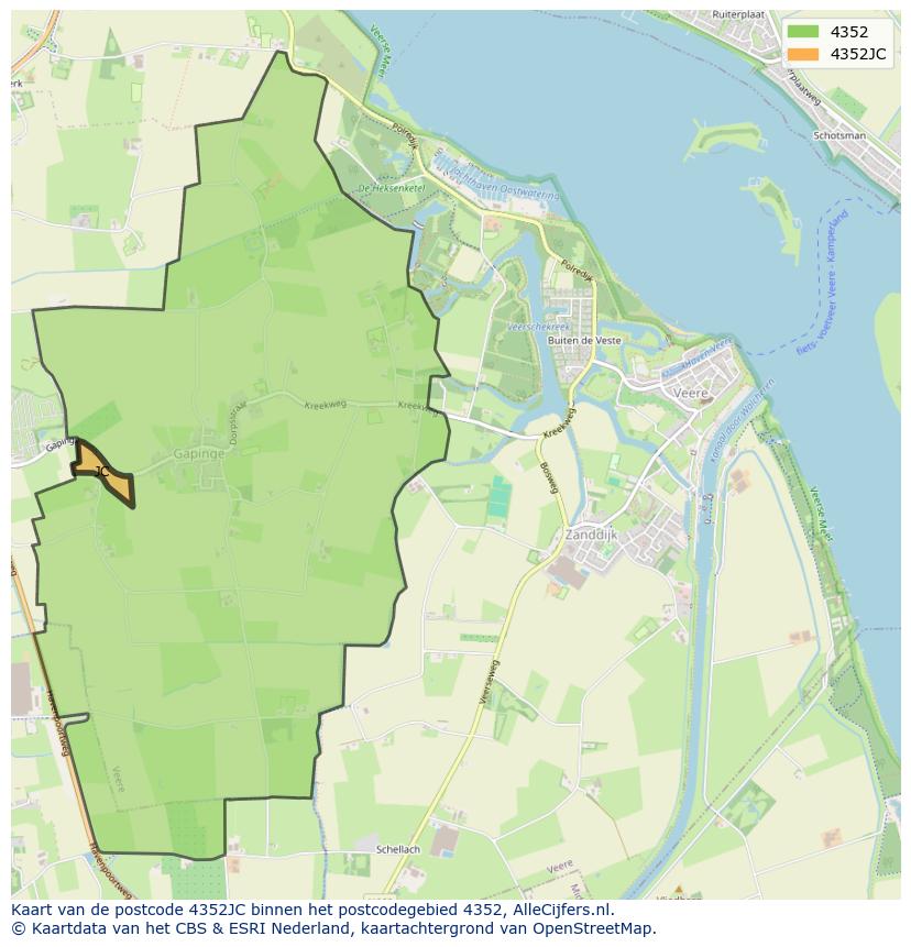 Afbeelding van het postcodegebied 4352 JC op de kaart.