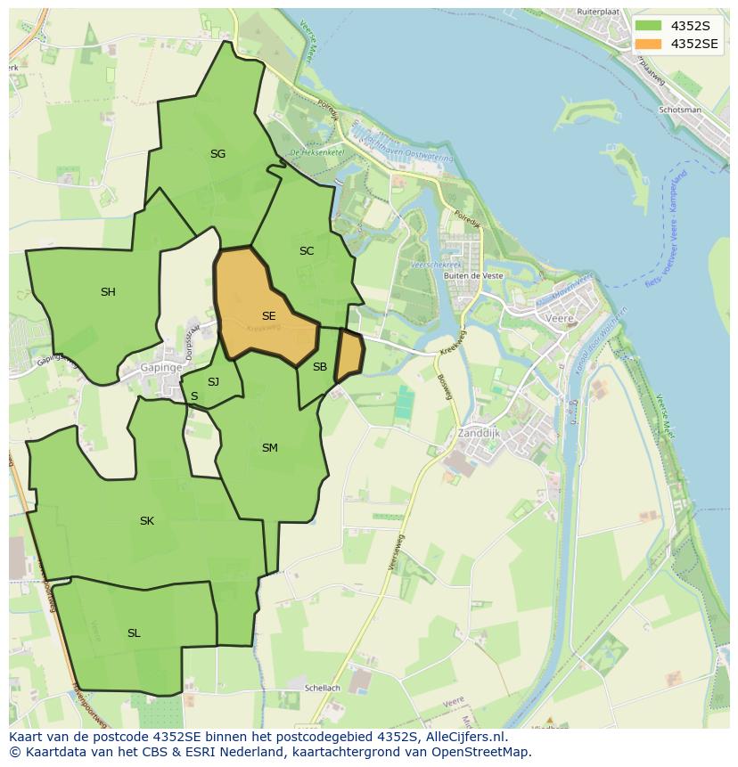 Afbeelding van het postcodegebied 4352 SE op de kaart.