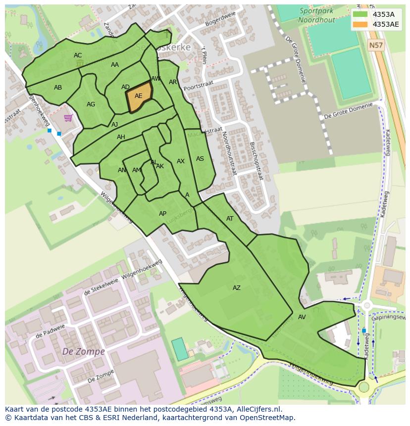 Afbeelding van het postcodegebied 4353 AE op de kaart.
