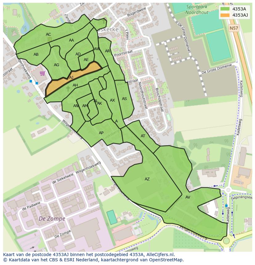 Afbeelding van het postcodegebied 4353 AJ op de kaart.