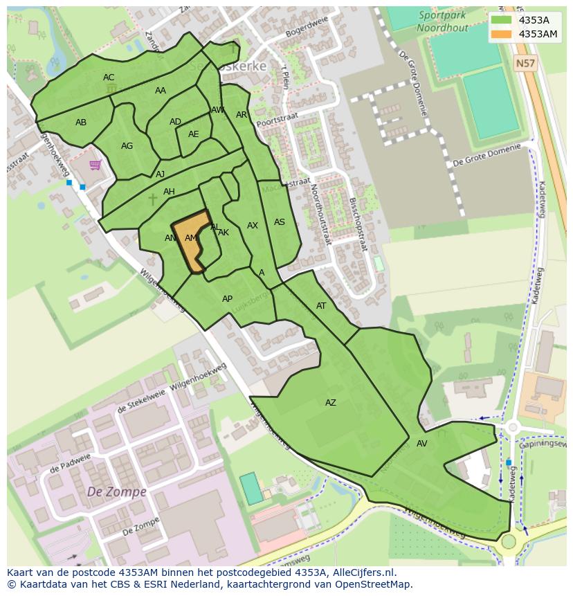 Afbeelding van het postcodegebied 4353 AM op de kaart.
