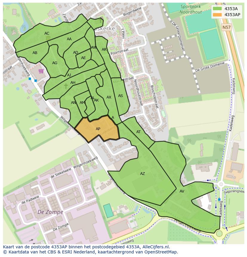 Afbeelding van het postcodegebied 4353 AP op de kaart.