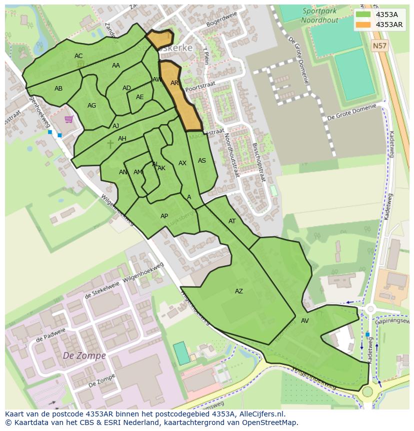 Afbeelding van het postcodegebied 4353 AR op de kaart.