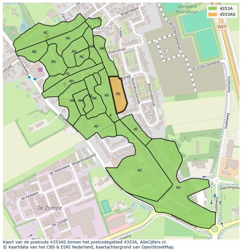 Afbeelding van het postcodegebied 4353 AS op de kaart.