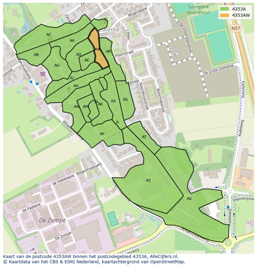 Afbeelding van het postcodegebied 4353 AW op de kaart.