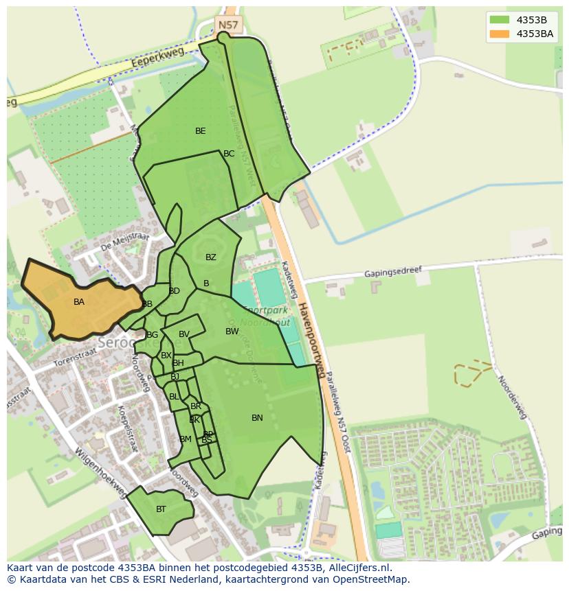 Afbeelding van het postcodegebied 4353 BA op de kaart.